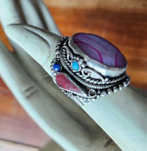 Agate, Lapis, Turquoise & Coral Gemstone Adjustable Statement Ring - Picture 15 of 16